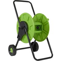 Green Sealey garden hose reel cart with black metal frame and two wheels.