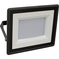 Sealey Extra Slim 100w LED Floodlight, black frame, white panel, rectangular design with mounting bracket.