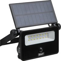Black Sealey extra slim solar LED floodlight with adjustable solar panel and rectangular LED array.