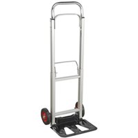 Sealey folding aluminium sack truck trolley with red wheels, silver frame, and black foldable base.