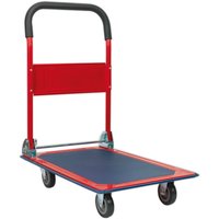 Red and blue Sealey folding platform truck with black handle and four wheels.