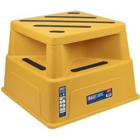 Yellow Sealey heavy duty safety step stool with black non-slip treads and sturdy plastic construction.
