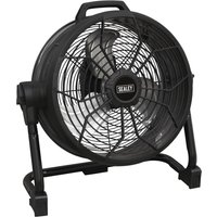 Black Sealey cordless drum fan with a circular grill, sturdy base, and carrying handle.