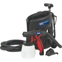 Sealey HVLP3000 Spray Gun Kit with black and red spray gun, white container, and flexible hose.