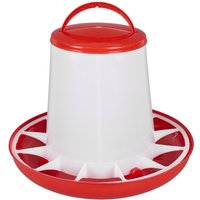Red and white Sealey poultry feeder with a handle and circular base for feeding.