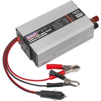 Sealey PSI300 12V DC 300W power inverter, silver with red and black cables, pure sine wave technology.