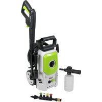 White and green Sealey PW1610 pressure washer with black handle, wheels, and detergent bottle attachment.