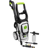 Sealey PW1860 Pressure Washer, white with black and green accents, includes hose, spray gun, and detergent bottle.