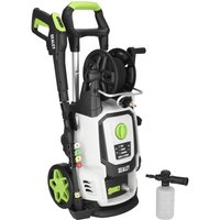 Sealey PW2400 Pressure Washer, white and black with green accents, hose reel, wheels, and detergent bottle attachment.