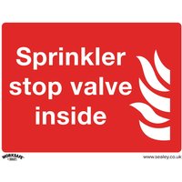 Red Sealey rigid plastic sign with white text "Sprinkler stop valve inside" and flame icon on the right.