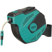 Teal and black Sealey auto-rewind garden hose reel, wall-mounted, with 20M hose and control handle.