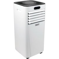 White Sealey portable air conditioner with black top, front vents, and window sealing kit, 7,000 BTU/hr capacity.