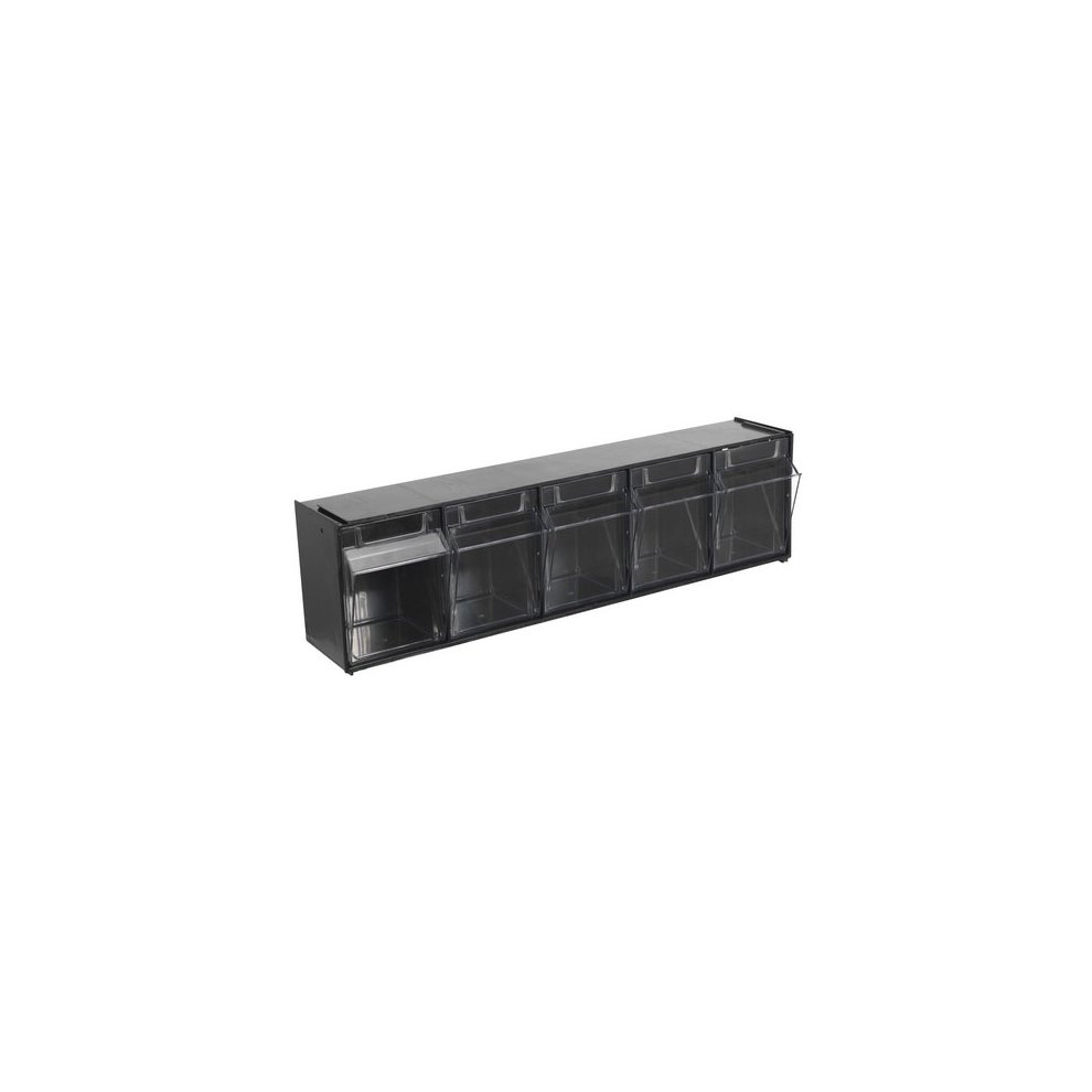 Black stackable cabinet box with five clear plastic bins, featuring a sturdy design ideal for organizing tools and small parts.