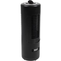 Black Sealey oscillating desk tower fan with cylindrical design and front grille.