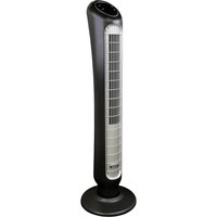 Black Sealey oscillating tower fan with sleek design, digital display, and circular base.