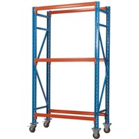 Blue and orange two-level mobile tyre rack with four swivel casters and adjustable shelves.