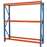 Blue and orange Sealey two-level tyre rack with adjustable steel beams and cross-bracing for stability.