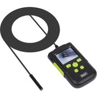 Sealey VS8111 black and green borescope with 8mm camera, coiled cable, and LCD screen displaying inspection view.