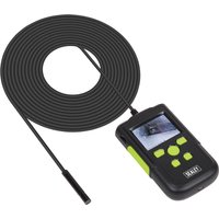 Sealey VS8112 borescope with black handheld monitor, green buttons, and long flexible 8mm camera cable.