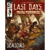 "Last Days: Zombie Apocalypse 'Seasons' book cover with a dog attacking zombies, rugged survivor in background"