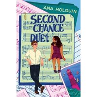 "Book cover of 'Second Chance Duet' with illustrated couple, music sheets, and lighthouse background"