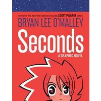 "Red cover graphic novel 'Seconds' by Bryan Lee O'Malley, featuring cartoon character with spiky hair and large eyes"