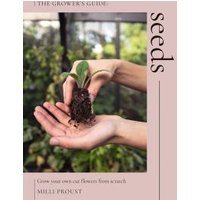 "Book titled 'Seeds' with hands holding a small plant in soil, green leaves, and blurred garden background"