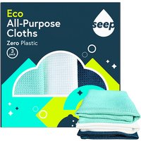 Seep All-Purpose Cloth pack of 3 in teal, white, and navy, eco-friendly packaging with cloud design.