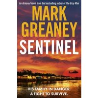"Sentinel book by Mark Greaney, sunset cover with helicopter silhouette and lake reflection."