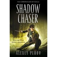 "Shadow Chaser book cover featuring a warrior with a sword in a misty forest, by Alexey Pehov."