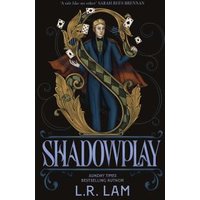 "Shadowplay book cover featuring a magician with cards, ornate gold design, and dark background by L.R. Lam"
