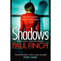 "Book cover for 'Shadows' by Paul Finch, featuring a woman in red facing a frosted window with text overlay."