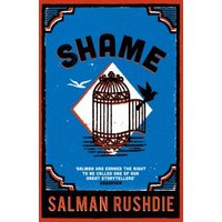 "Shame" book by Salman Rushdie, blue cover with birdcage and flying birds, red and black border.