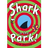 "Shark in the Park! children's book with red and green spiral cover, shark fin, bee, and butterfly illustrations"