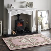 Pink Shensi Aubusson rug with intricate floral patterns and ornate border, placed in a classic living room setting.