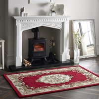 Shensi Aubusson Rug in Wine, ornate floral pattern, rich red center, beige border, elegant traditional design.