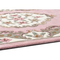 Pink Shensi Aubusson runner with floral motifs, intricate white and gray patterns, and soft texture.