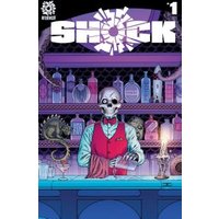 Comic book cover titled "Shock" featuring a skeleton bartender in a red vest mixing drinks at a bar with colorful bottles.
