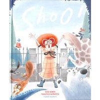 Children's book "Shoo!" with a red-hatted girl, animals, and a whimsical park scene on the cover.