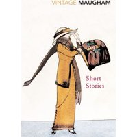 "Vintage Maugham 'Short Stories' book cover with illustration of a woman in a yellow coat and hat holding a bag"