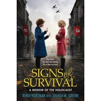 "Signs of Survival book cover with two women in coats, Nazi flags, and birds flying in a cloudy sky."