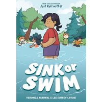 "Illustrated book cover 'Sink or Swim' with children wading in water, surrounded by trees, title in bold white letters"