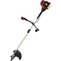 Red and black SIP 8230 31cc 4-stroke petrol brush cutter with curved shaft and grass trimmer attachment.