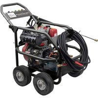 Black SIP TEMPEST CW-D 300TX diesel pressure washer with four wheels, coiled hose, and red engine components.