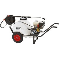 White SIP Tempest PPB480/160 petrol pressure washer with red wheels, black hose reel, and metal frame.