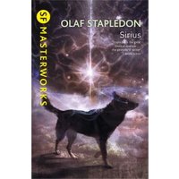 "Book cover of 'Sirius' by Olaf Stapledon, featuring a black dog under a cosmic sky with glowing stars and nebulae"