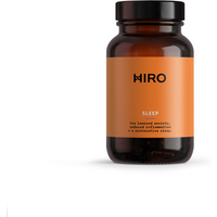 Brown glass bottle with orange label, black cap, labeled "HIRO Sleep" natural sleep aid.