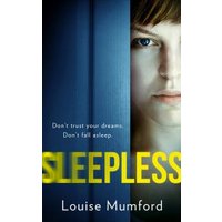 Book cover of "Sleepless" by Louise Mumford, featuring a woman's face peering through a blue curtain with yellow title text.