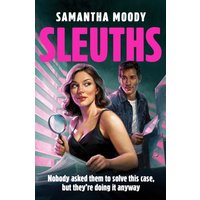 "Sleuths" book by HarperCollins, features a woman holding a magnifying glass and a man, both in a cityscape setting.