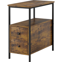 Brown slim side table with black metal frame, two drawers, and a lower storage shelf.